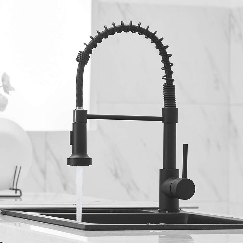 OWOFAN Modern Single Handle Spring Kitchen Faucet with Pull Down Sprayer, Matte Black Kitchen Sink Faucet 866080R - Image 3